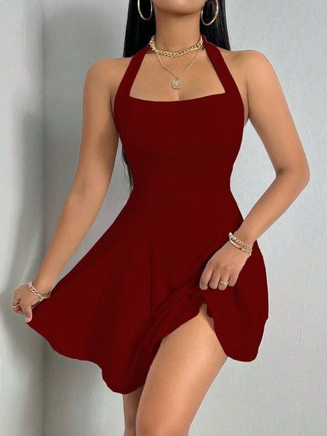 Halter Neck, Backless, Fitted Waist, A-line Short Dress