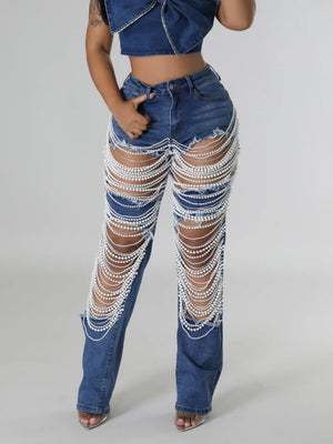 Ripped, Pearl-beaded Stretch Jeans