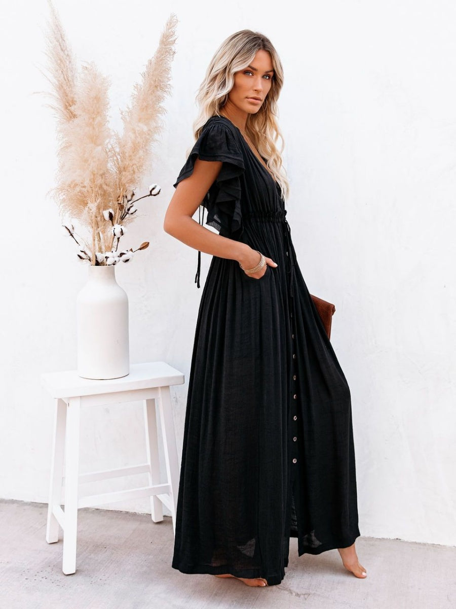 Bamboo-joint Fabric Button Waist Rope Long Cardigan Vacation Beach Jacket Sun Protection Long Skirt Bikini Cover-up
