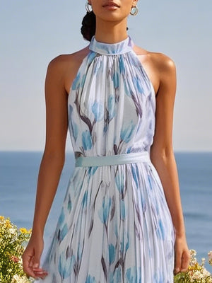Elegant Maxi Dress With Halter Neck And Floral Print, European And American Vacation Style.