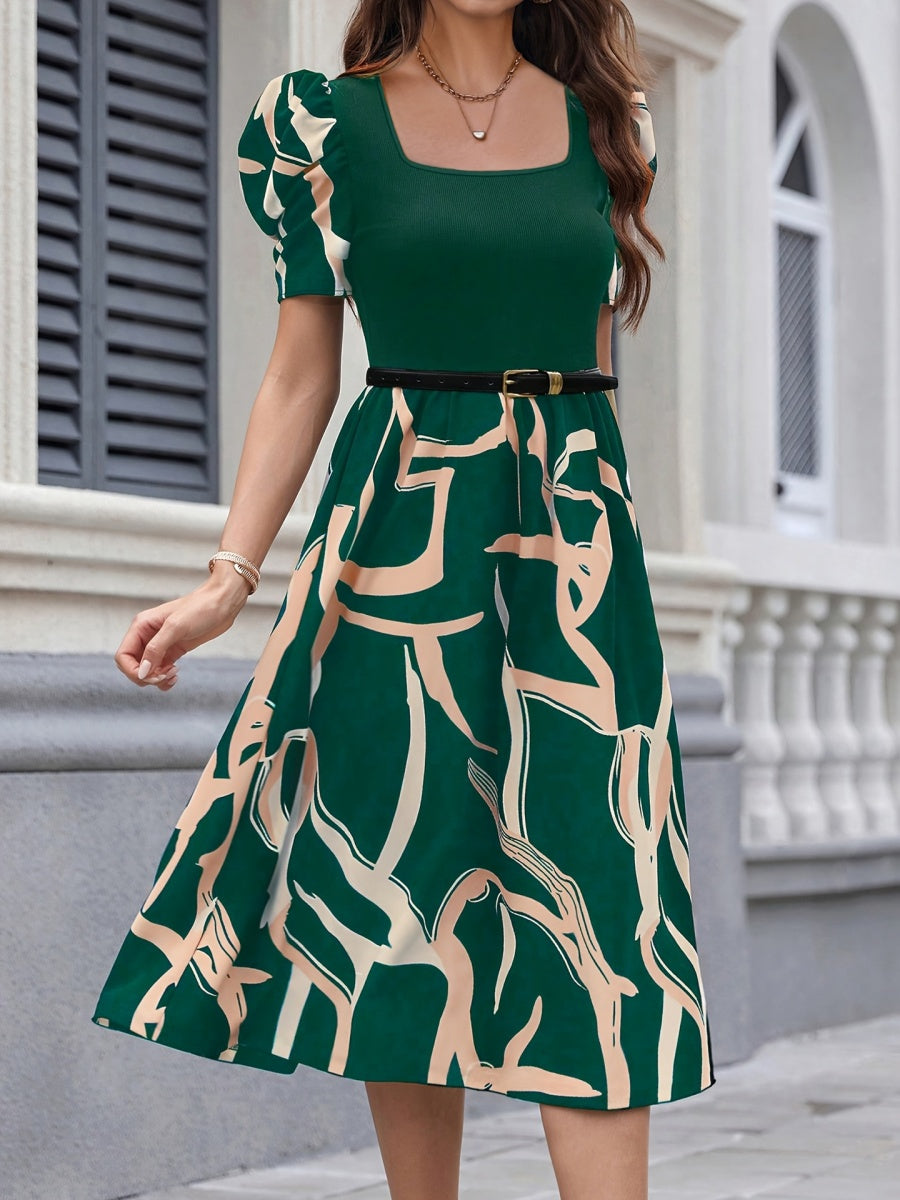 Commuting Knitting Printed Square Collar Puff Sleeve Midi Dresses
