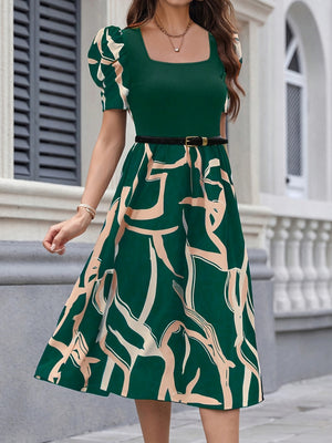 Commuting Knitting Printed Square Collar Puff Sleeve Midi Dresses