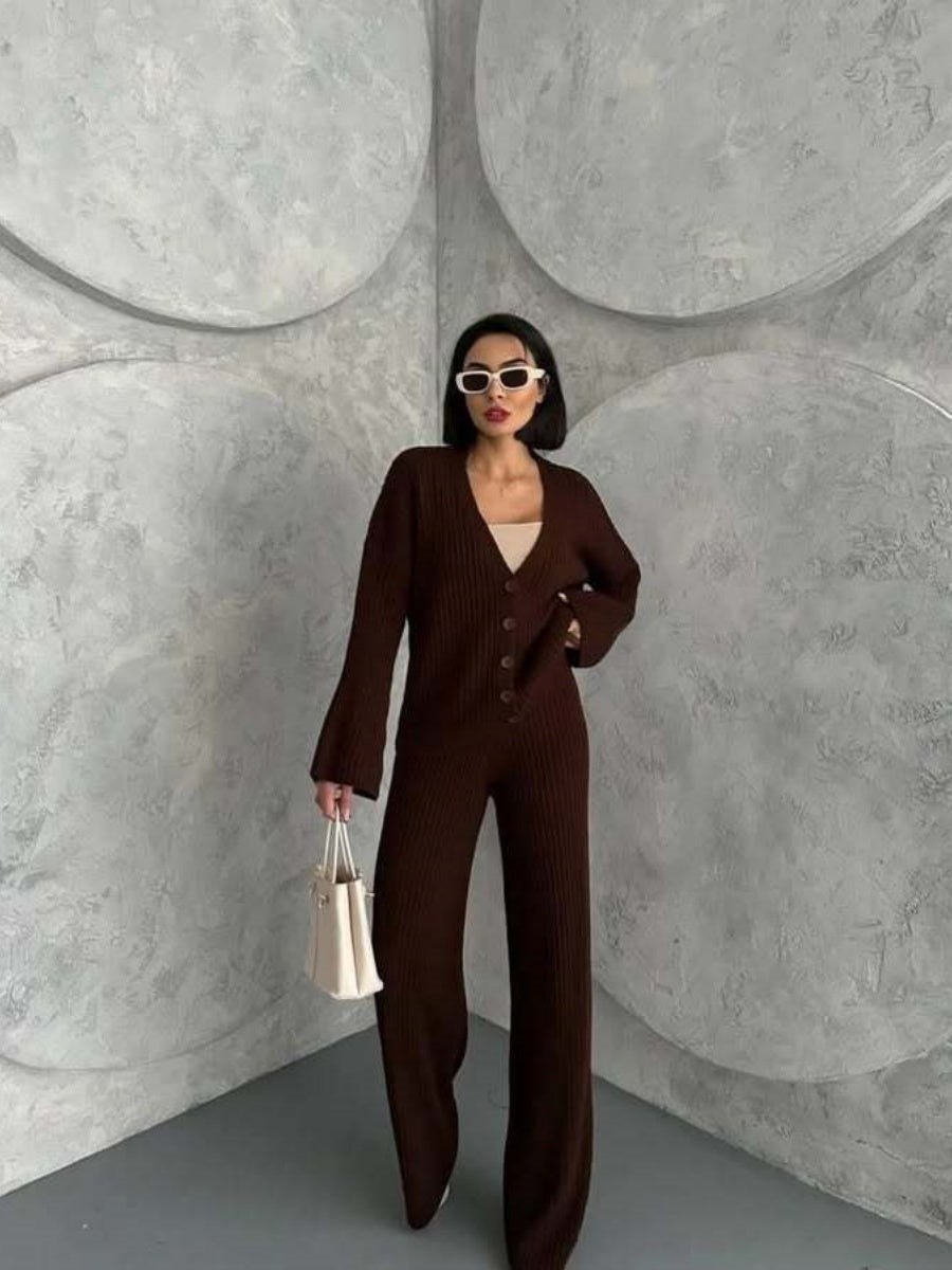 Leisure Solid Color Long Sleeve Buttons Sweaters Cardigans Pants Two-piece Suit