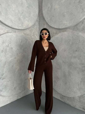Leisure Solid Color Long Sleeve Buttons Sweaters Cardigans Pants Two-piece Suit