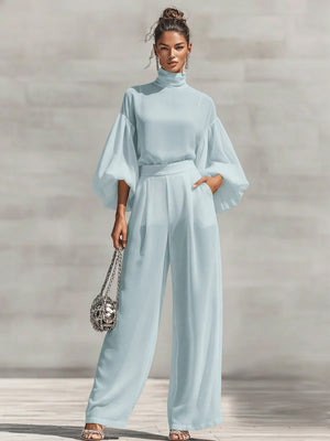 Chiffon Stand-up Collar Puff Sleeve High-waisted Draped Wide-leg Pants Two-piece Set