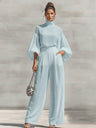 Chiffon Stand-up Collar Puff Sleeve High-waisted Draped Wide-leg Pants Two-piece Set