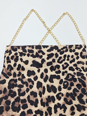 Chain Backless Camisoles Irregular High Slit Leopard Print Maxi Dresses