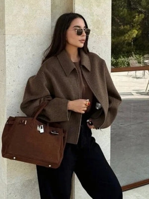 Vintage Distressed Brown Zip-up Long-sleeved Short Jacket