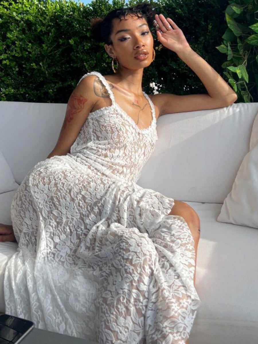 White Halter-neck Lace See-through Ruched Long Dress