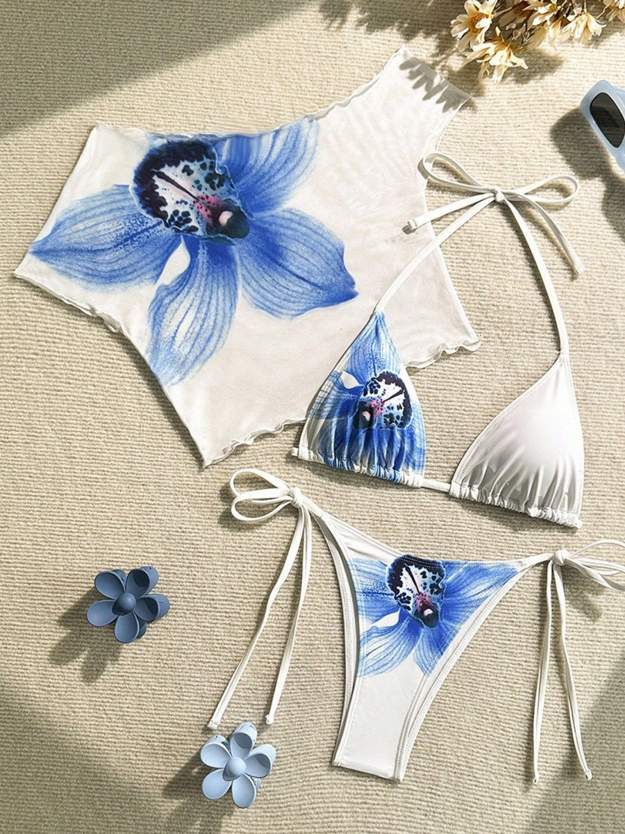 Finalized Floral Print Tie-up Bikini Three-piece Set