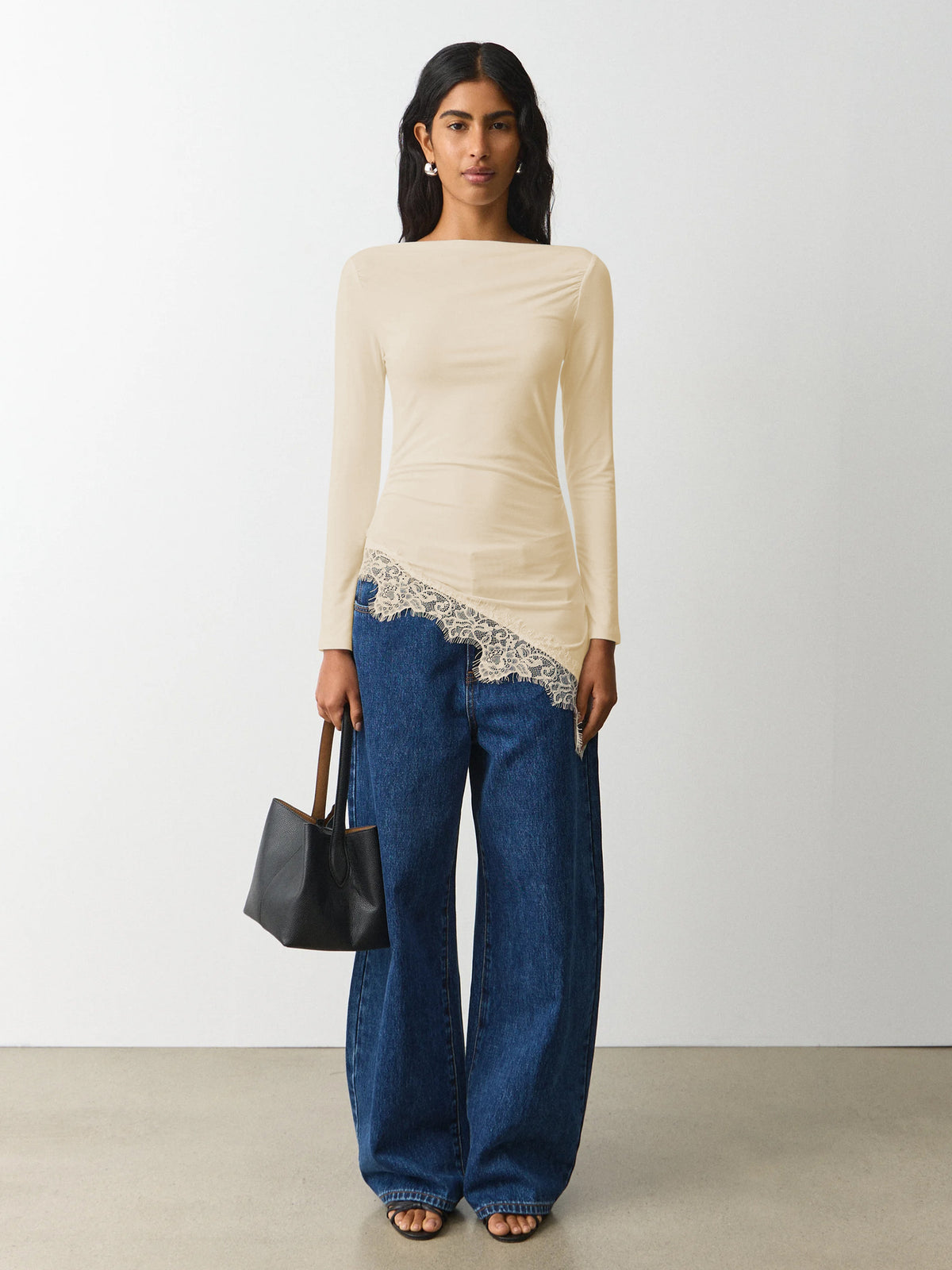 New Women's Simple Solid Color Design, Lace Trim And Slits At The Hem, Slim Fit Long Sleeve Top