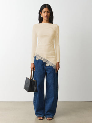 New Women's Simple Solid Color Design, Lace Trim And Slits At The Hem, Slim Fit Long Sleeve Top