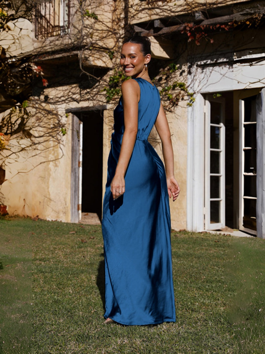 Satin Deep V Sleeveless Backless Long Dress