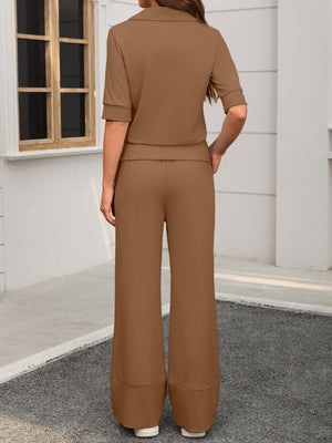 Collared Short-sleeved Top And Elastic Wide-leg Pants Two-piece Set