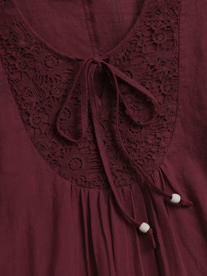 Tie-up Cotton And Linen Patchwork Lace Three-quarter Sleeve T-shirt