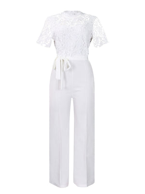 Lace Trim Hollow Short Sleeve Bandage High Waist Wide Leg Jumpsuits