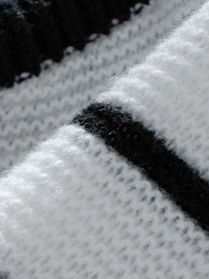 Crew Neck Loose Black And White Stripes Hood Long Sleeve Knitted Sweater