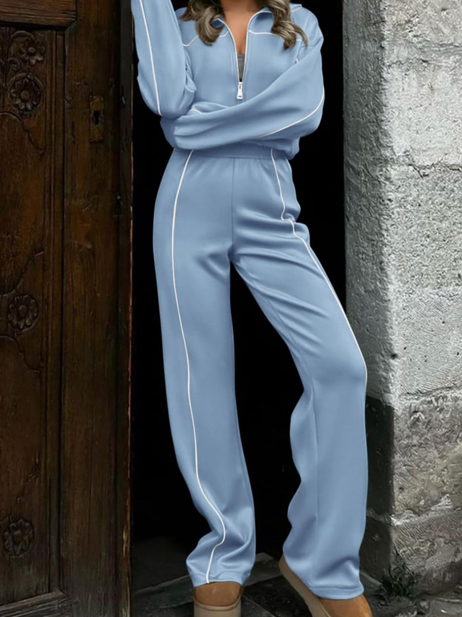Sports Casual Suit Zipper Contrasting Colors Hoodless Cardigan Wide-leg Pants 2-piece Sets