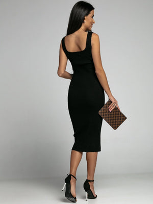 Off-shoulder Sleeveless U-neck Bodycon Ribbed Stripe Midi Dresses