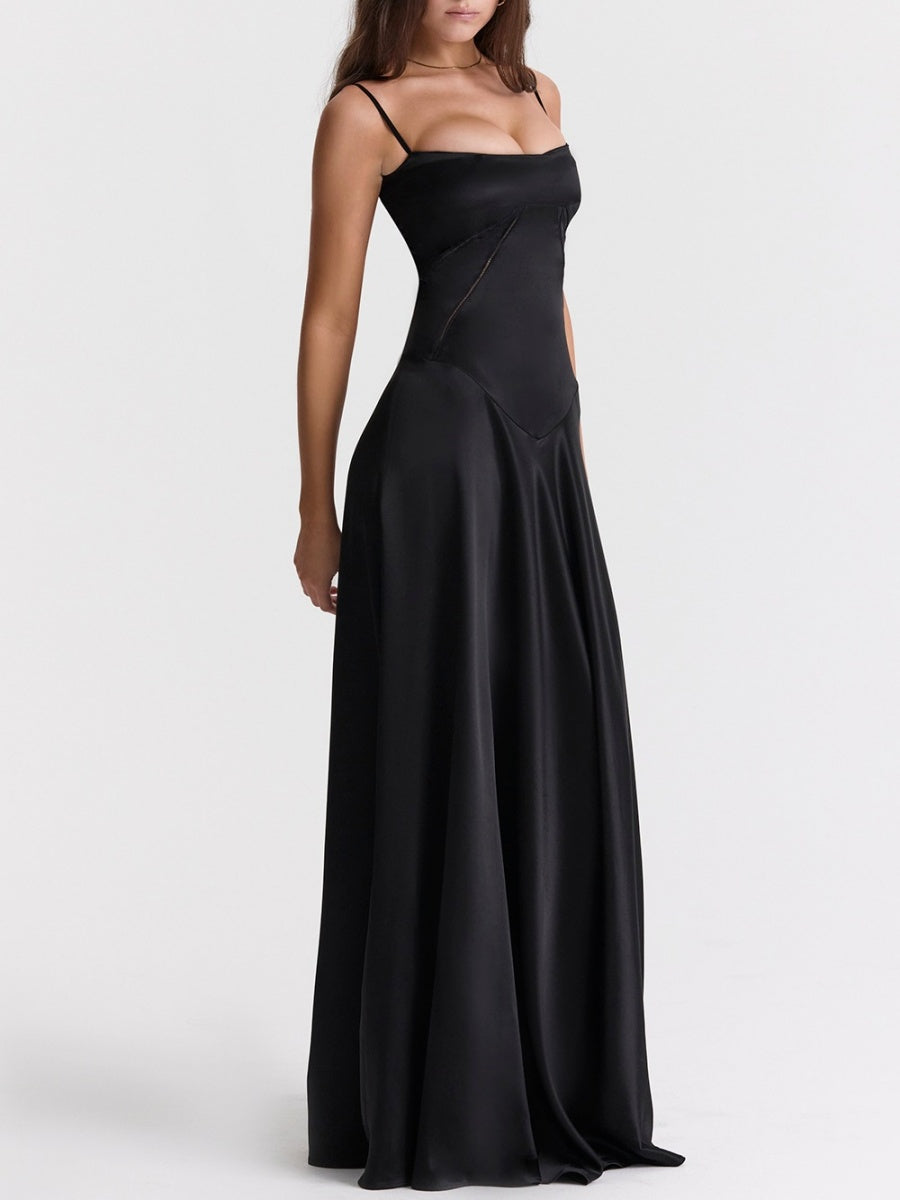 Satin-panel Spaghetti Strap Maxi Dress