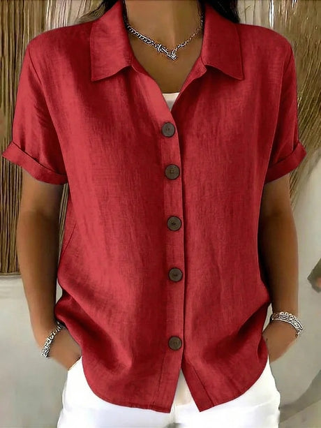 Button-up Cotton Linen Solid Color Short-sleeved T-shirt