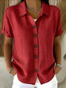 Button-up Cotton Linen Solid Color Short-sleeved T-shirt