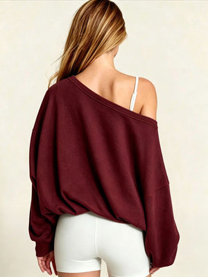 Women's Autumn/Winter Solid Color Off-Shoulder Long Sleeve Drawstring Hem Sweatshirt