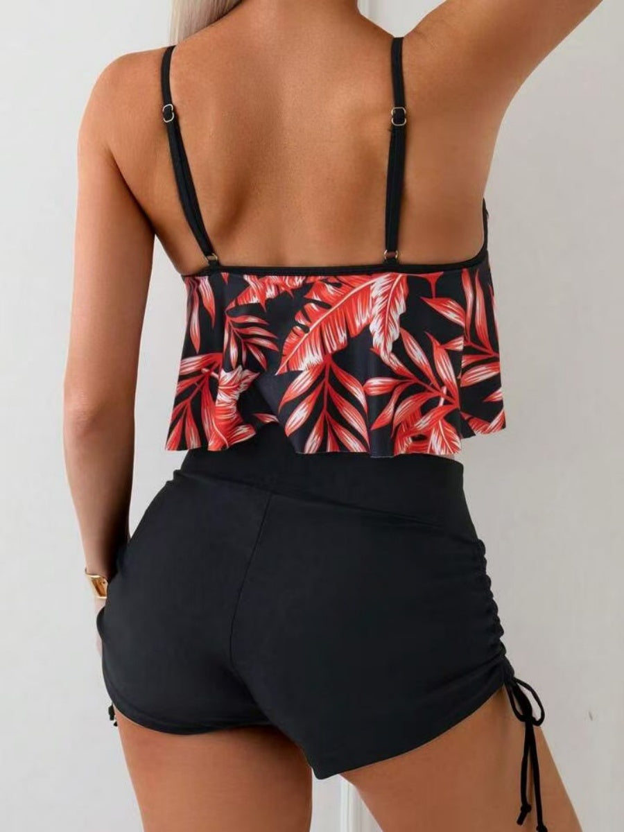 Leaf Print Ruffled Drawstring Boxer Shorts Bikini