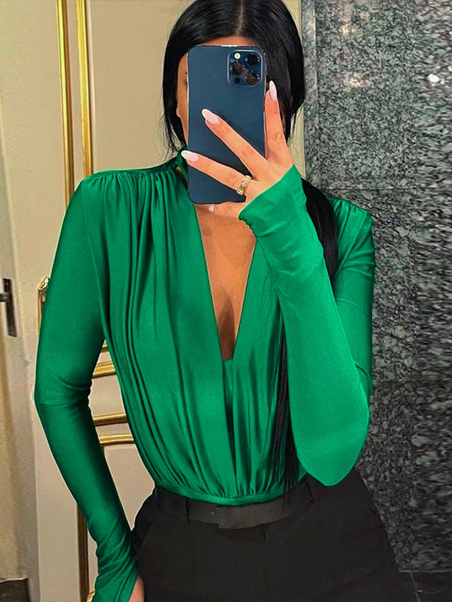 V-neck Slim Fit Pleated Decoration Base Layer Splicing Long-sleeved Bodysuit