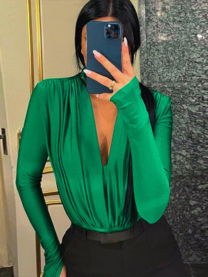 V-neck Slim Fit Pleated Decoration Base Layer Splicing Long-sleeved Bodysuit