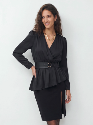 V-neck Long Sleeves Belts Solid Color Shirts