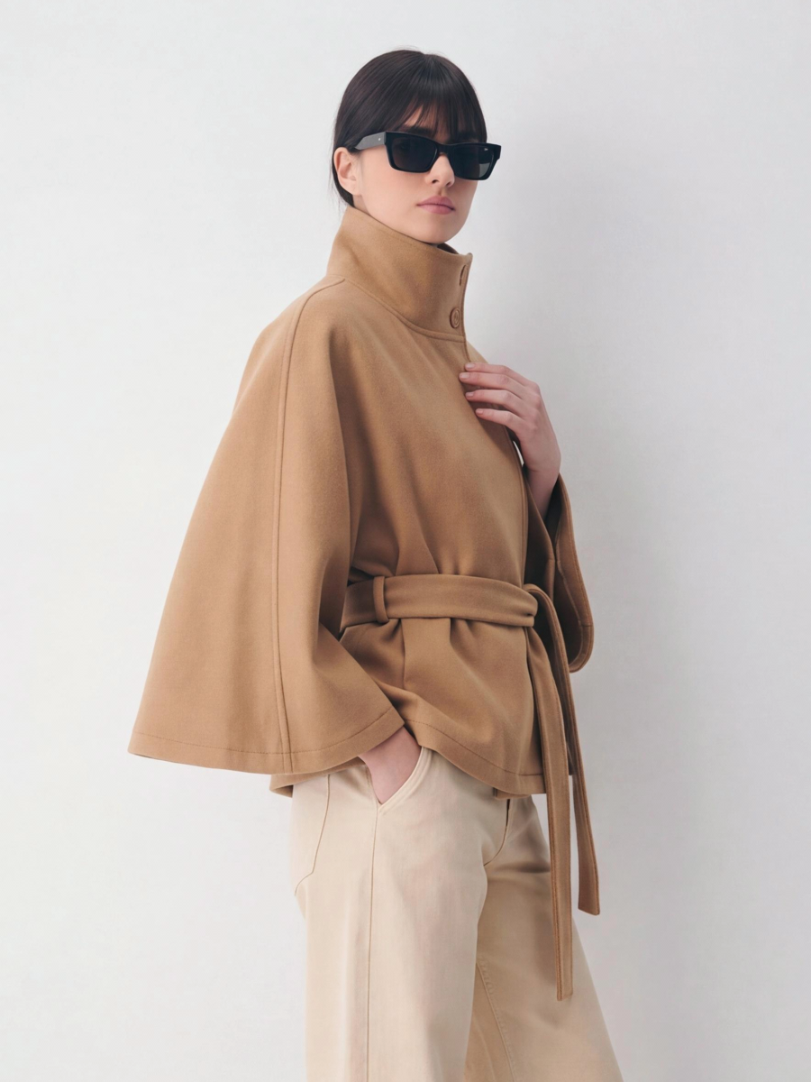 Stand Collar Large Sleeves Buttons Straps Solid Color Coats