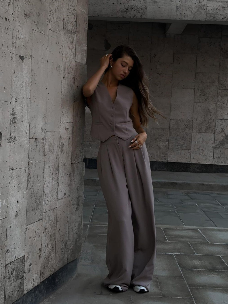 V-neck Sleeveless Vest, Flowy Wide-leg Trousers, Casual Style. 2-piece Sets