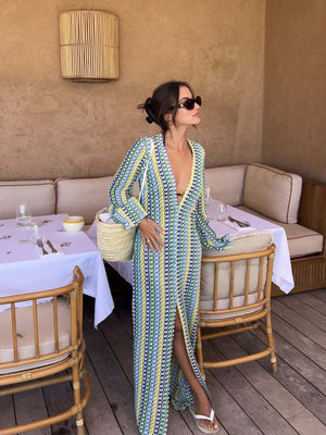 V-neck With Cutout Geometric Pattern Slit Beachwear