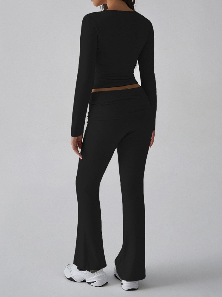 Leisure Navel Solid Color Long-sleeved Two-piece Suit