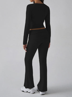 Leisure Navel Solid Color Long-sleeved Two-piece Suit