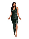 Open Back With Slit Sleeveless Halter Neck With Tassels And Sequins Maxi Dresses
