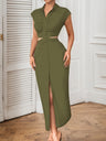 Backless Bare Waist Lapel Bodysuit With Slits Maxi Dresses