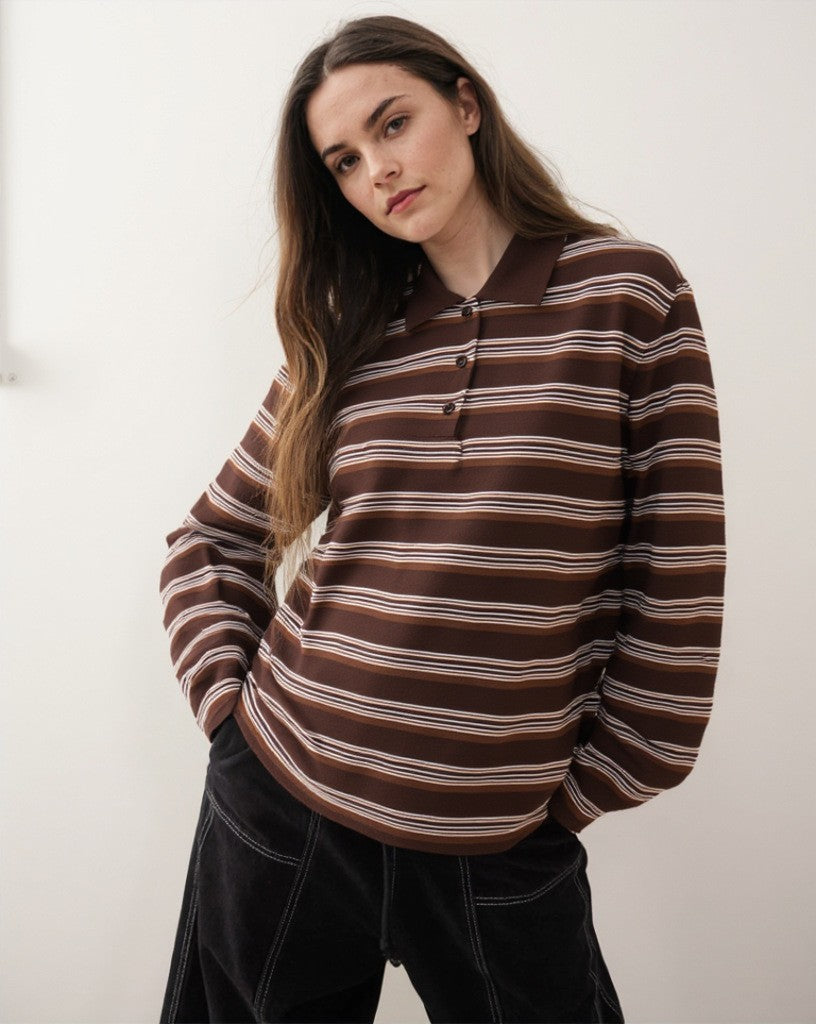 Long-sleeved Striped T-shirt, Polo Collar, Loose-fitting T-shirt