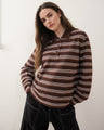 Long-sleeved Striped T-shirt, Polo Collar, Loose-fitting T-shirt