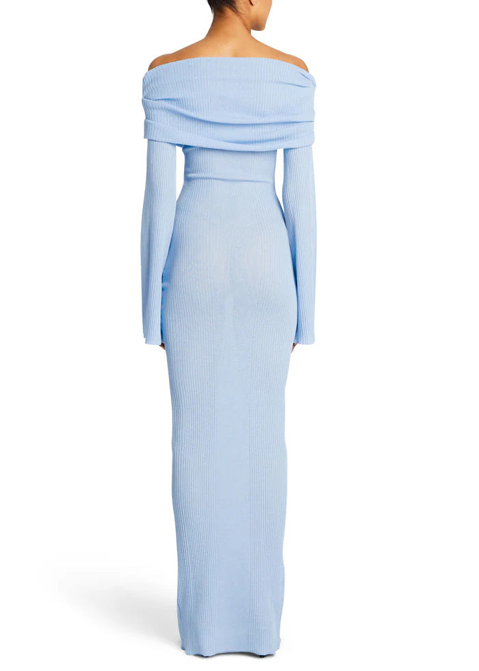 Long-sleeved Off-shoulder Pleated Knit Maxi Dress