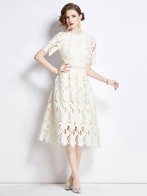 Water-soluble Lace Short-sleeved Slim-fit Midi Dress