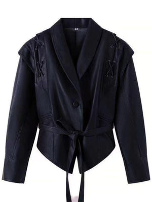 Lapel Lace Up Long Sleeve Leather Jacket