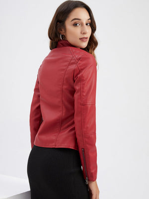 Street Cool Thin Stand Collar Zipper Leather Jacket