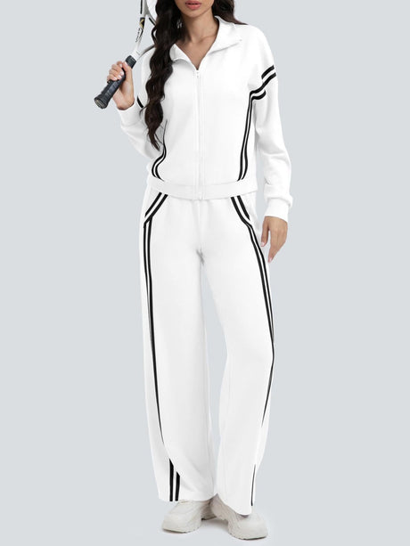 Sports Casual Suit Zipper Contrasting Colors Sweatshirts Wide-leg Pants 2-piece Sets