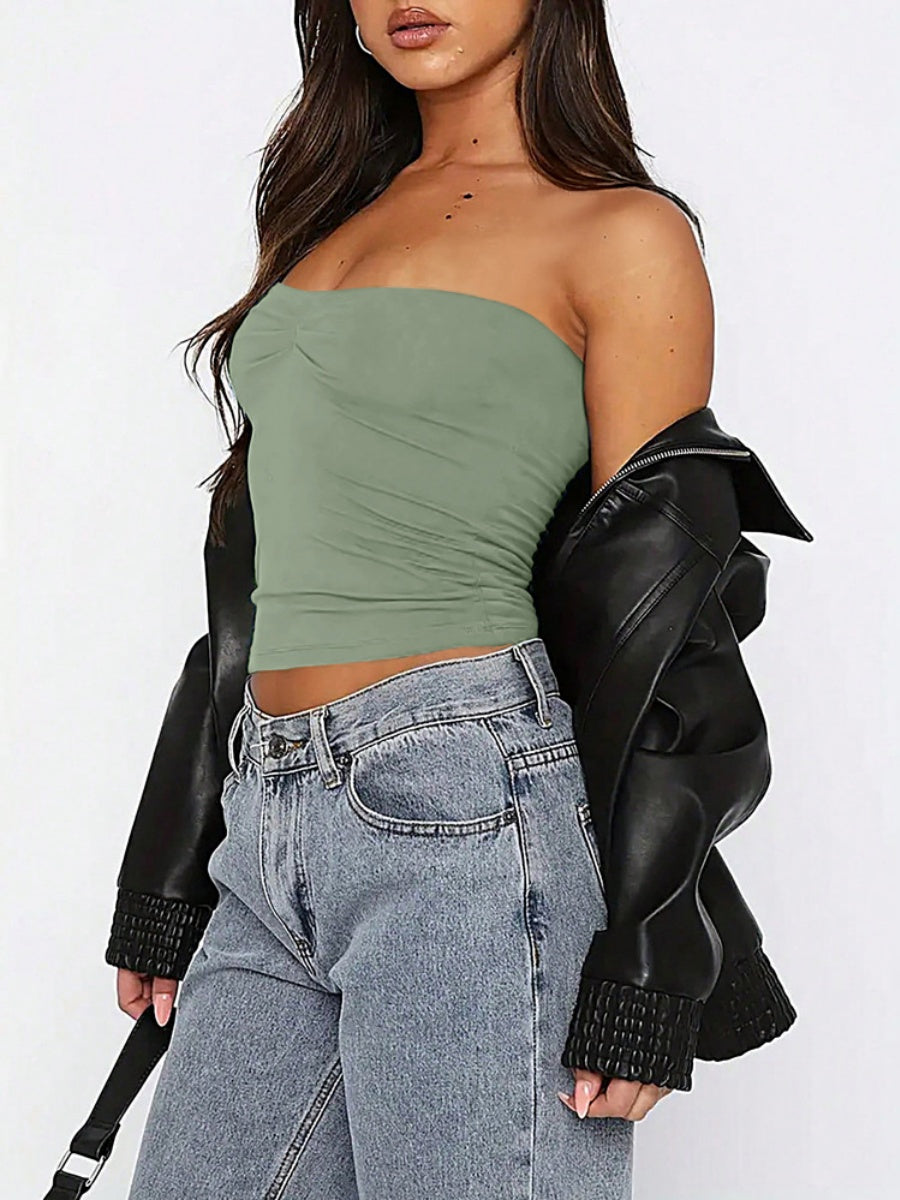 Navel-length Solid Color Strapless Top