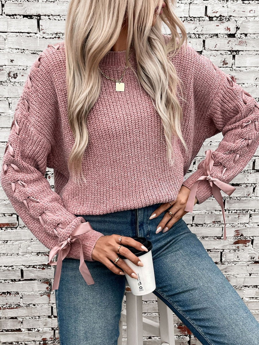 Lace Up Bow Long Sleeve Knitting Pullover Sweater