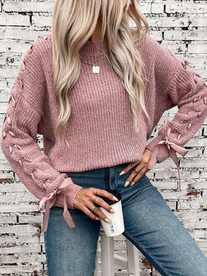 Lace Up Bow Long Sleeve Knitting Pullover Sweater