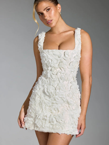 Square Collar 3D Flowers Slim Fit Sleeveless Tie Mini&Short Dresses