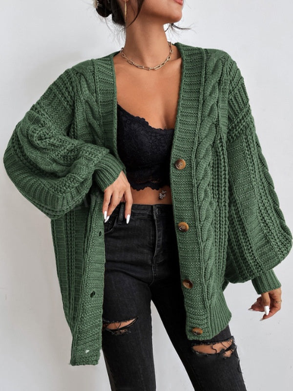 Loose Cable Knit Lantern Sleeve Cardigan